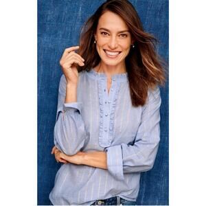 Talbot's Womens Forest‎ Stripe Ruffle Popover S Silver Blue Feminine Lightweight
